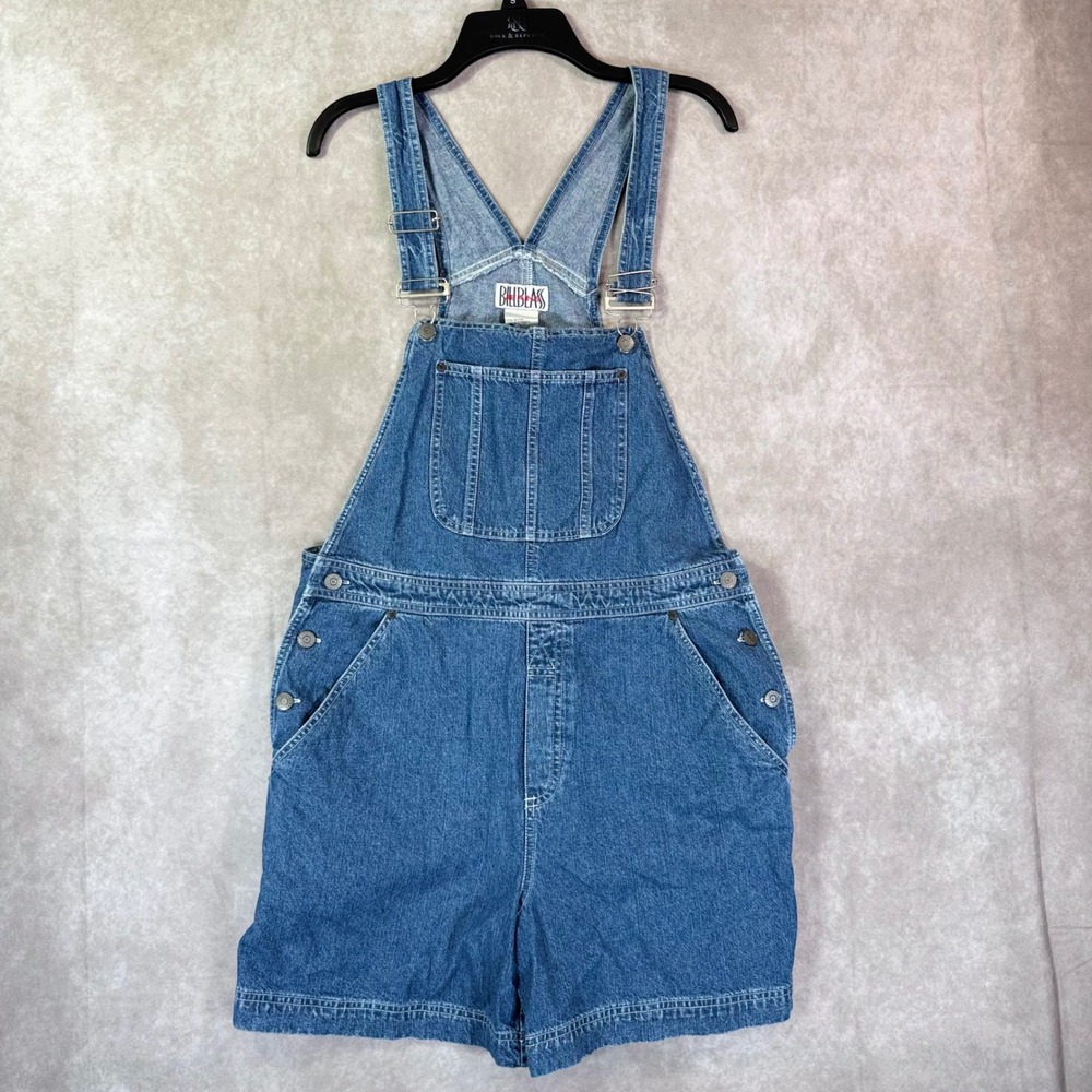 Vintage 90s Bill Blass Shortalls Women L Blue Solid Denim Carpenter Overalls